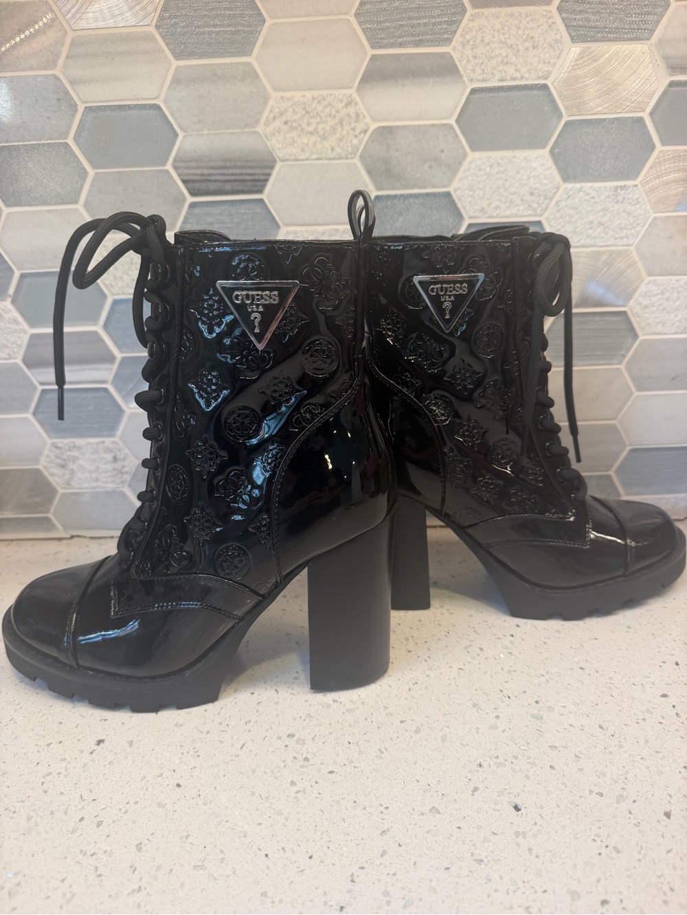 NWOT GUESS Black Patent Embossed Lace-Up Heeled Ankle Boots
